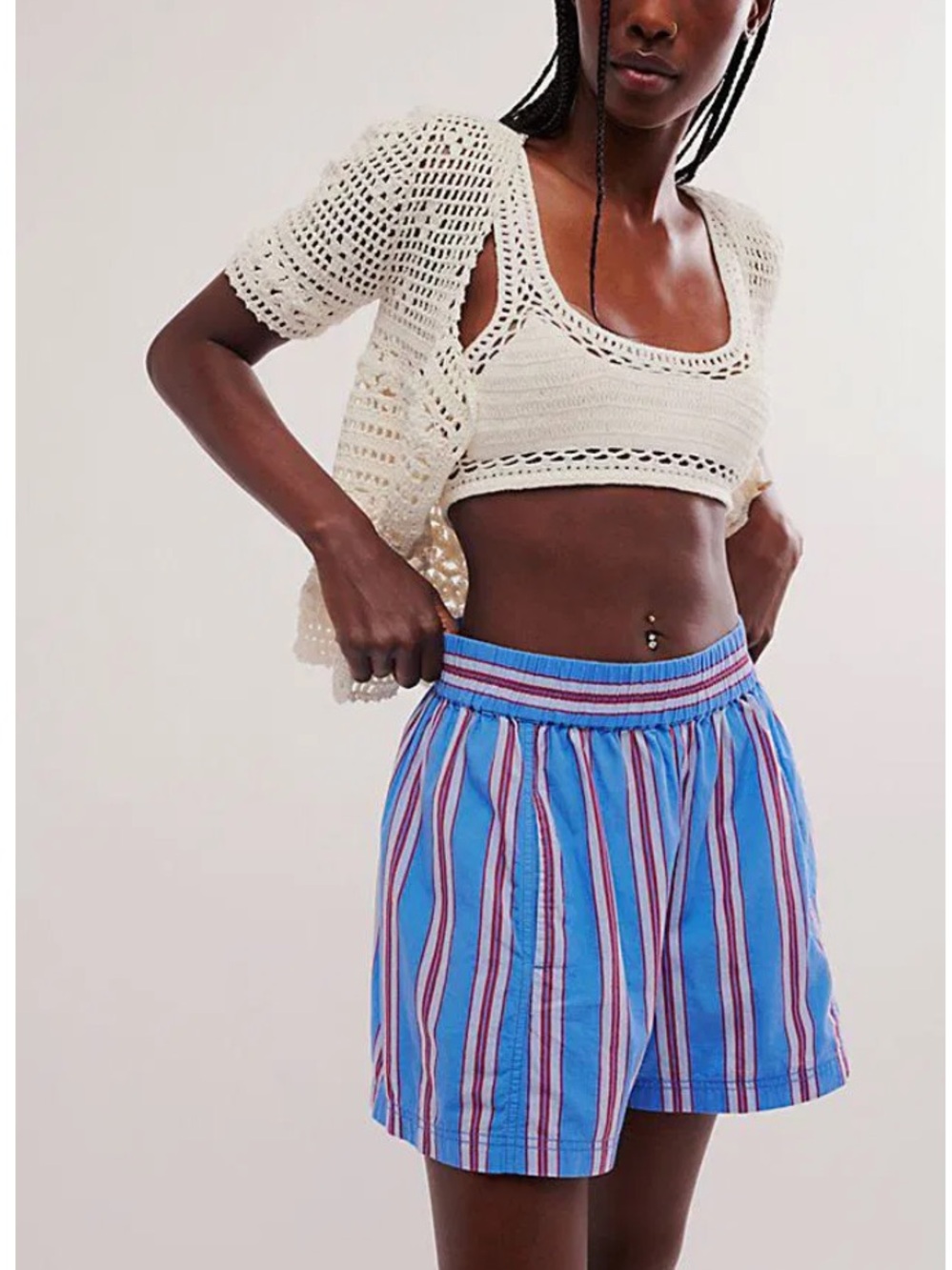 Free People Pull-On Shorts Blue Red Stripes Large Has Pockets Vacay 100% Cotton